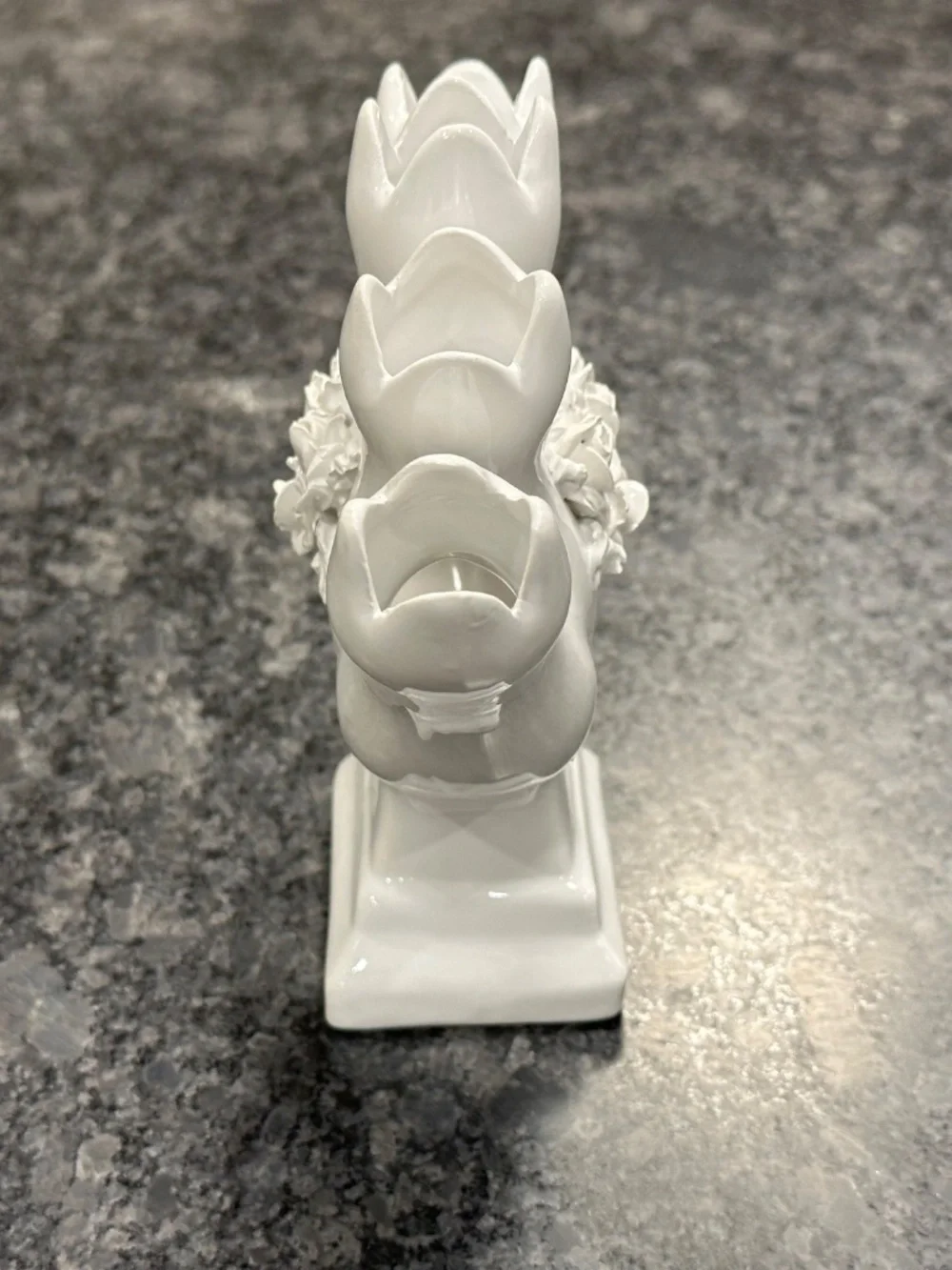 White Ceramic Five Finger Tulipiere Bud Vase with Floral Rose Appliqué